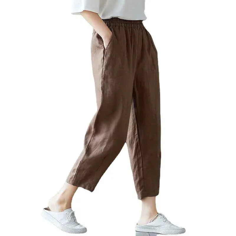 カジュアルパンツ レディース 綿麻 ハーフパンツ サルエルパンツ テーパードパンツ ボトムス ロングパンツ 九分丈 高腰 薄手 涼しい 無地 伸縮性なし ウエストゴム 楽ちん ゆったり 体型カバー 美脚 脚長効果 ポケット付き レトロ 普段使い リラクシ