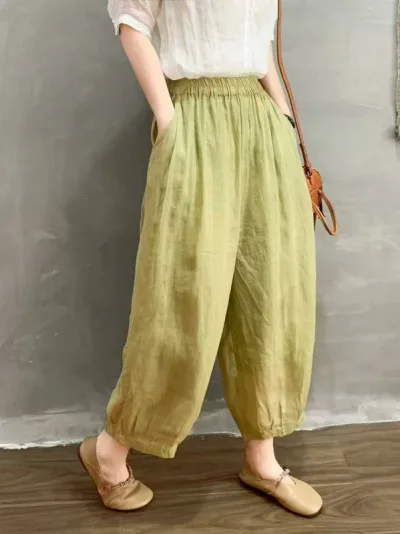 Casual Pants, Women's Sarouel Pants, Quarter Length, Tapered Pants, Hemp, Linen, 100% Bottoms, Trousers, Loose, Switchable, High Waist, Thin, Cool to the Touch, Breathable, Cool, Moisture Absorbent, Quick Drying, Room Wear, Everyday Use, For Commuting, Spring/Summer, One Size Fits Most, Plain, Black