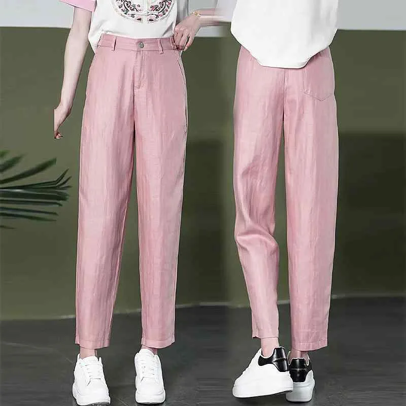 カジュアルパンツ レディース サルエルパンツ テンセル リネン 麻 9分丈 ハイウエスト ボトムス ズボン テーパードパンツ ゆったり 接触冷感 吸湿 通気性 薄手 通勤 普段使い リラックス ロールアップ ピンク 杏色 ホワイト 春夏