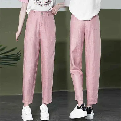 カジュアルパンツ レディース サルエルパンツ テンセル リネン 麻 9分丈 ハイウエスト ボトムス ズボン テーパードパンツ ゆったり 接触冷感 吸湿 通気性 薄手 通勤 普段使い リラックス ロールアップ ピンク 杏色 ホワイト 春夏