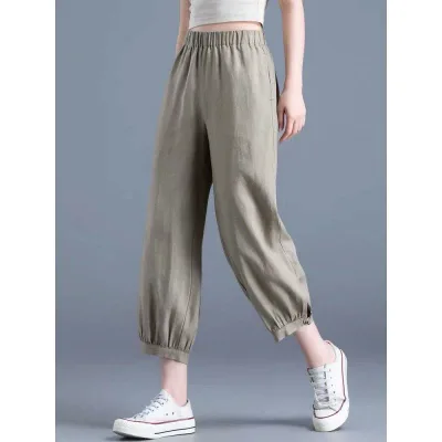 カジュアルパンツ レディース サルエルパンツ 綿麻 亜麻 九分丈 テーパードパンツ ボトムス ズボン ウエストゴム リネンパンツ ゆったり ハイウエスト ポケット付き 薄手 通気性 軽量 部屋着 普段使い ルームウェア ブラック カーキ グリーン ネイビ
