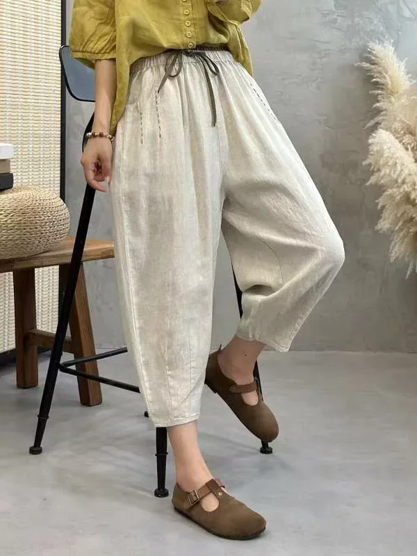 カジュアルパンツ レディース サルエルパンツ 麻 100% テーパードパンツ ボトムス ロングパンツ クロップドパンツ 9分丈 高腰 ハイウエスト ウエストゴム ひも付き 楽ちん ゆったり リラックス リネン リトアニア風 涼しい 吸湿 通気性 快適 自
