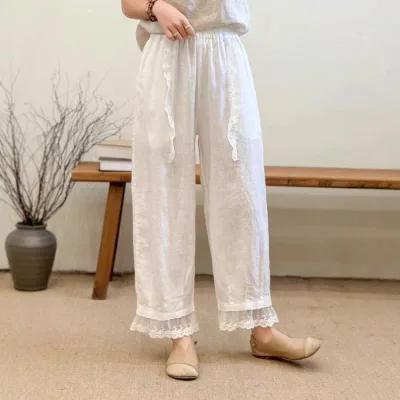 カジュアルパンツ レディース サルエルパンツ ハーレムパンツ ボトムス 麻 亜麻 綿麻 リネン 混 切り替え レース フリル レトロ ナチュラル ウエストゴム ゆったり 体型カバー 着痩せ 長ズボン 部屋着 普段使い 通気性 軽量 涼しい 春夏秋