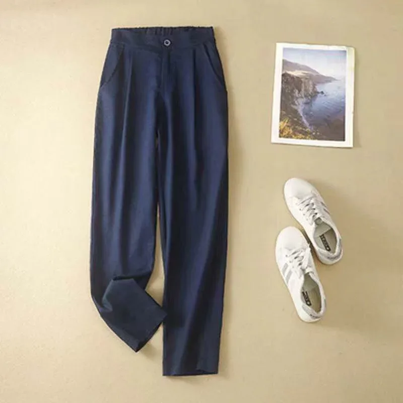 カジュアルパンツ レディース 春夏 九分丈 ハ伦パンツ テーパードパンツ ボトムス 綿麻 コットンリネン 無地 楽ちん ウエストゴム ポケット付き 涼しい 薄手 普段使い 通勤用 通学 お出かけ ホワイト ブラック ベージュ