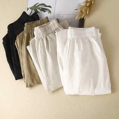 カジュアルパンツ レディース サルエルパンツ テーパードパンツ 綿麻 コットンリネン 九分丈 接触冷感 薄手 涼しい ボトムス ズボン 無地 宽松 ゆったり ウエストゴム ポケット付き 春夏 通勤 通学 普段使い 部屋着 ホワイト ブラック カーキ ベー