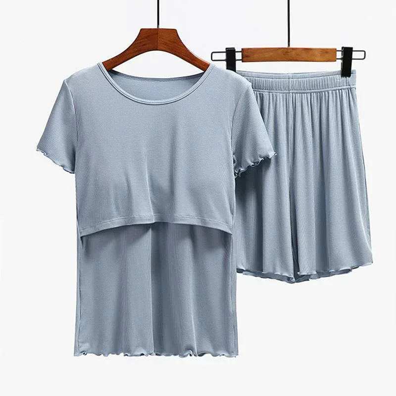 ルームウェア レディース 妊婦 授乳服 マタニティ パジャマ 上下セット 半袖 トップス ショートパンツ カップ付き 胸パッド付き 産前 産後 部屋着 接触冷感 再生繊維 ウエスト調節可能 インナー 伸縮性 通気性 薄手 夏 ブルー レッド グレー グリ