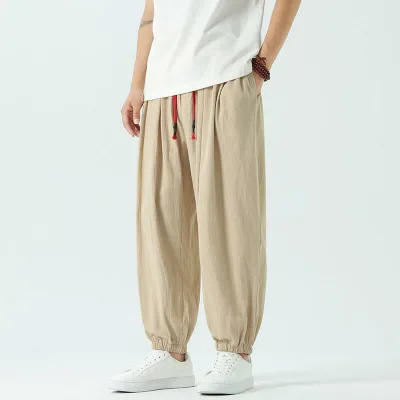 カジュアルパンツ メンズ 春夏 綿麻 亜麻 イージーパンツ サルエルパンツ 9分丈 テーパードパンツ ボトムス 無地 ゆったり 大きめサイズ ルーズ フィット 薄手 涼しい ウエストゴム 紐 通気性 軽量 部屋着 普段着 散歩 旅行 リゾート アイボリー