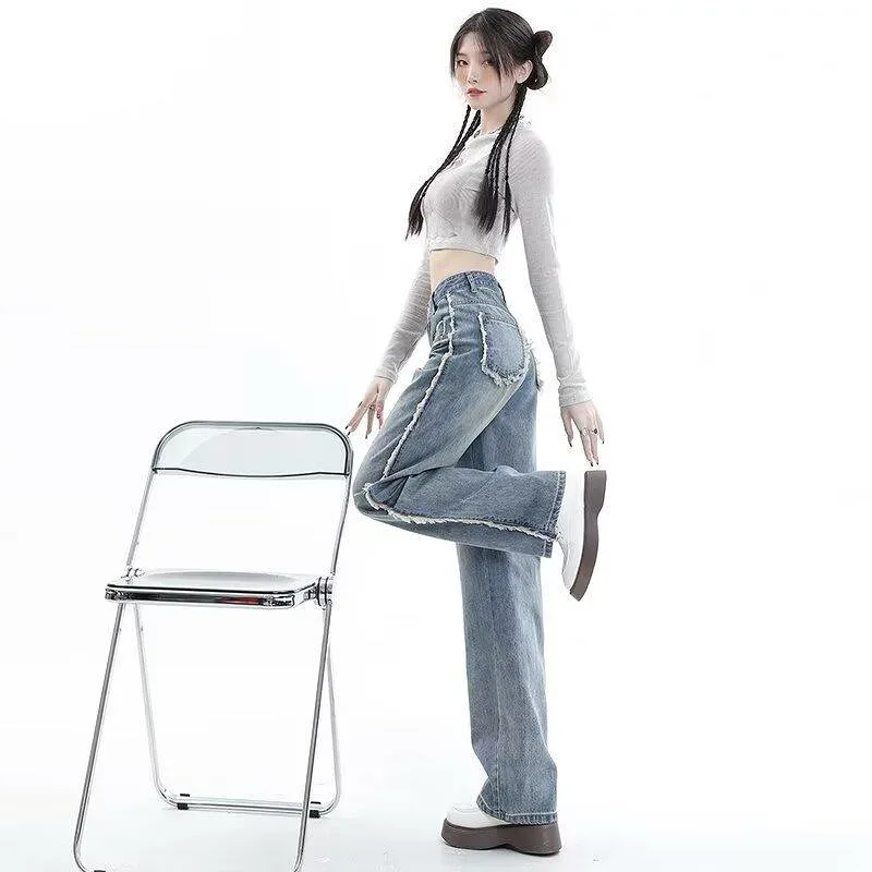 デニムパンツ レディース ジーンズ ジーパン ロングパンツ ボトムス ハイウエスト ゆるカジ ストリート ルーズフィット ワークパンツ 体型カバー 細見え 美脚 脚長 カジュアル 日常 普段使い デイリーユース 綿 コットン 通年 ブラック ブルー系