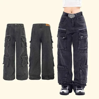 デニムパンツ レディース カーゴパンツ ジーンズ ジーパン 長ズボン ボトムス ゆったり ワイド ルーズ ストレート ハイウエスト ワークパンツ ポケット ファスナー付き ヴィンテージ風 ウォッシュ加工 綿 コットン ブラック 黒 カジュアル ストリート