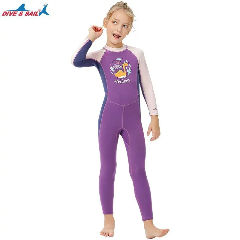 ウェットスーツ キッズ 女の子 長袖 一体型 2.5mm 保暖 潜水服 防寒 スイムウェア 浮潜 紫外線対策 マリンスポーツ ジュニア ネオプレン ナイロン素材 伸縮性 耐久性 紫色 パープル スノーケリング サーフィン