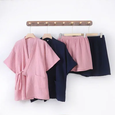 パジャマ カップル ペア レディース メンズ 春夏 部屋着 ルームウェア 和服風 甚平 半袖 短パン 上下セット 2点セット 綿 ダブルガーゼ 柔らかい 薄手 涼しい 通気性 快適 吸汗性 伸縮性 無地 前開き カーディガン 紐結び 敏感肌用 日常使い