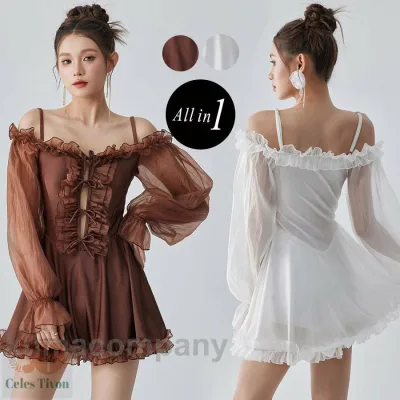 Summer Swimsuit Women's One Piece All in One Body Covering Off Shoulder Ruffles String Ribbon Stylish Cute White Long Sleeve Candy Sleeve
