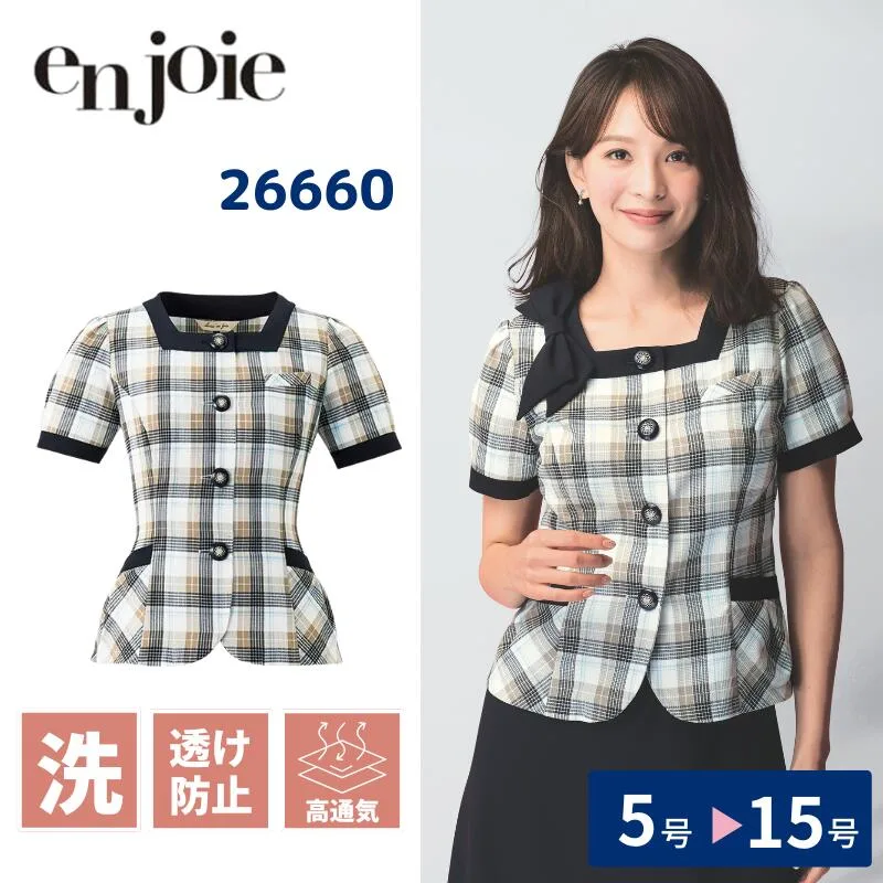 オーバーブラウス レディース 半袖 事務服 胸ポケット チェック シンプル 水色 ジョア en joie アンジョア 26660 事務 オフィス 制服 春 夏 ワッフルチェック オフィスフル