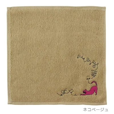 在庫限り EB90TWCTBE エンブロイダリー(刺繍)タオルハンカチ ネコ/ベージュ ナカノ 音手箱
