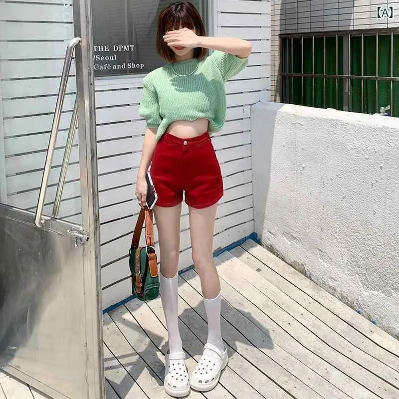ショートパンツ レディース 春夏 大人 短パン カジュアル ビーチ おしゃれ デニム ハイウエスト ストレッチ シンプル 赤 黒 白