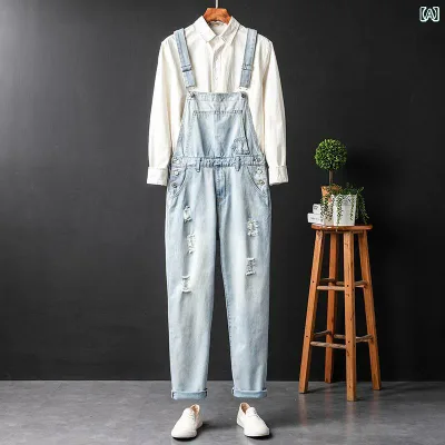 オーバーオール メンズ ストレート デニム レトロ サロペット パンツ 春夏 秋冬 ポケット ダメージ加工 大きめサイズ ロング ストラップ 青