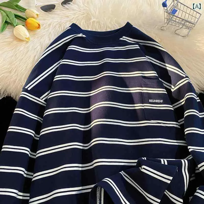 メンズ Tシャツ トップスス 夏 秋 薄手 涼しい 綿 長袖 ストライプ 韓国 シンプル ボトム シャツ カジュアル