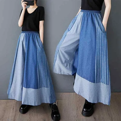 デニムパンツ レディース 春夏 薄手 配色切り替え ストライプ ワイドパンツ ゆったり カジュアル 七分丈 ハイウエスト 伸縮性 ボトムス 普段使い 青 ブルー