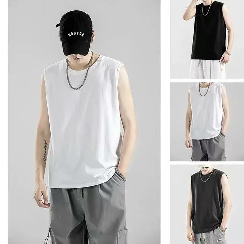 タンクトップ メンズ 男性用 スポーツ ノースリーブ Tシャツ クルーネック 丸首 コットン 綿 無地 ゆったり オーバーサイズ リラックスフィット カジュアル 普段使い 部屋着 トップス 春夏 ホワイト グレー ブラック