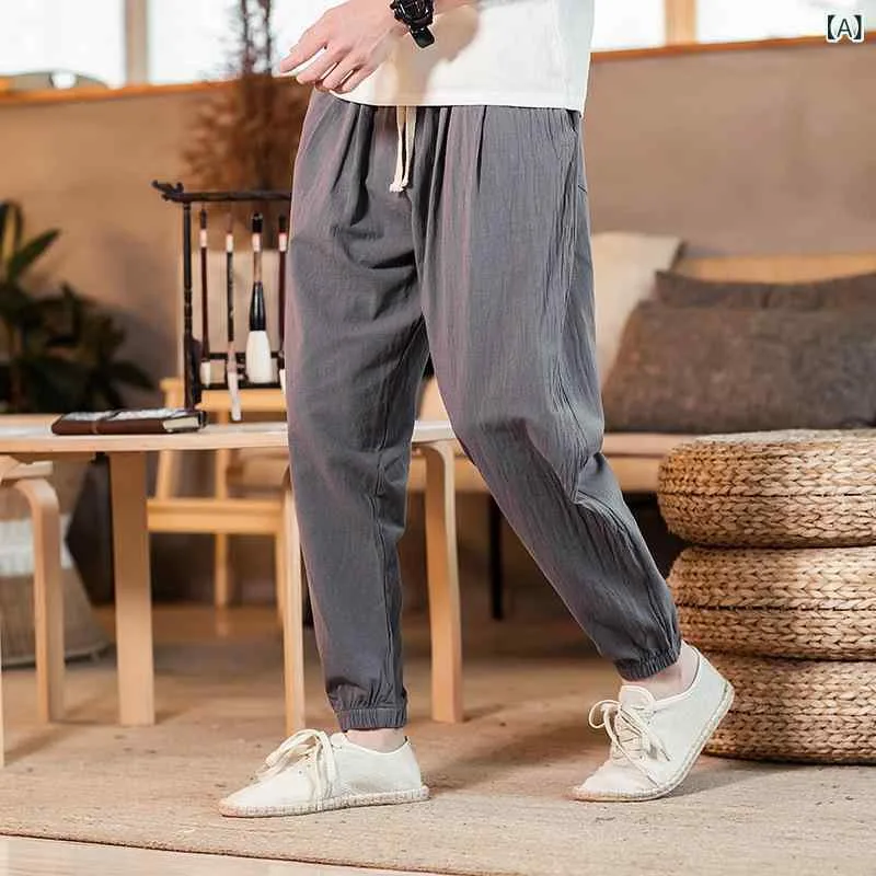 Men's Pants, Spring/Summer, Chinese Style, Cotton, Hemp, Linen, Jogger, Loose Fit, Large Size, Quarter Length, Cropped, Everyday Use, Stretch, Stable, Casual
