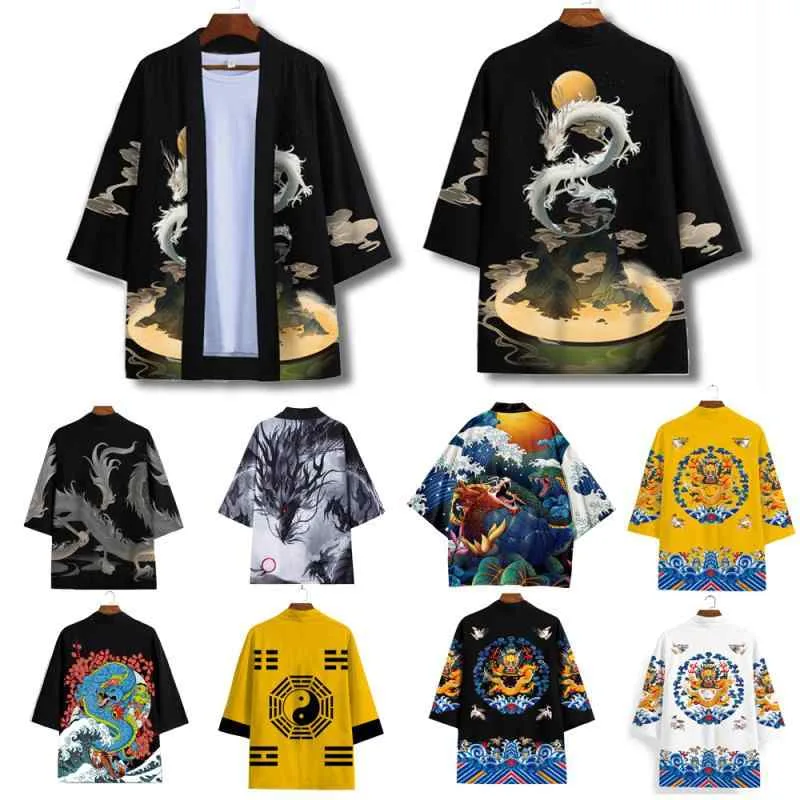 浴衣 メンズ 和風 中国風 浮世絵 龍柄 ドラゴン柄 七分袖 ゆったり ルーズシルエット オーバーサイズ 羽織 カーディガン アウター トップス 着物風 和装 カジュアル 普段使い ポリエステル 春夏