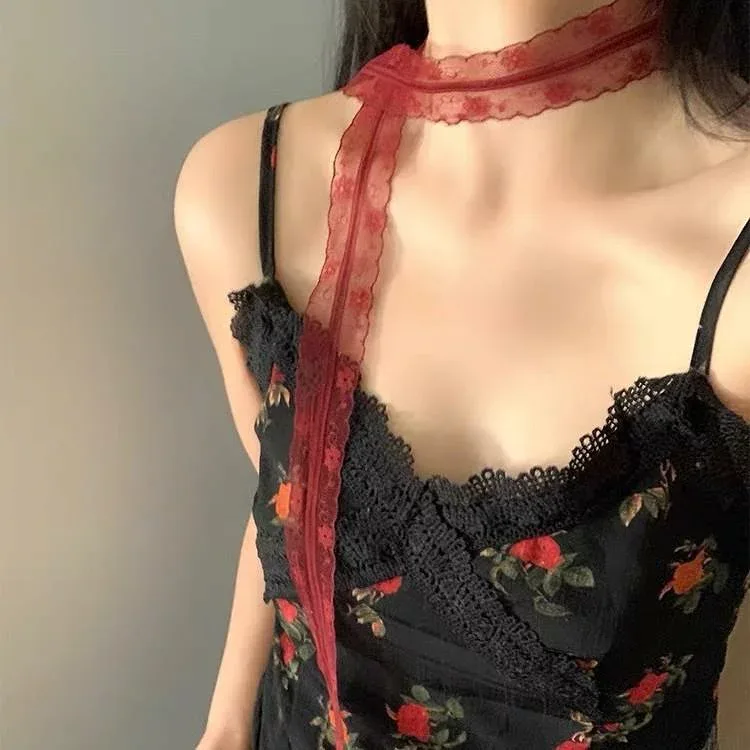 スカーフ レディース 赤 レッド レース リボンタイ 細長 ロング 韓国 フェミニン 大人かわいい ヘアアレンジ 髪飾り 首元 ネッカチーフ 万能 ファッション小物