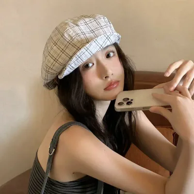 ベレー帽 レディース 韓国 チェック柄 春夏 森ガール風 レトロ 普段使い カジュアル 小顔効果 キャスケット 八角形ハット 画家帽 綿素材 通気性 UVカット 日よけ 可愛い 学院風