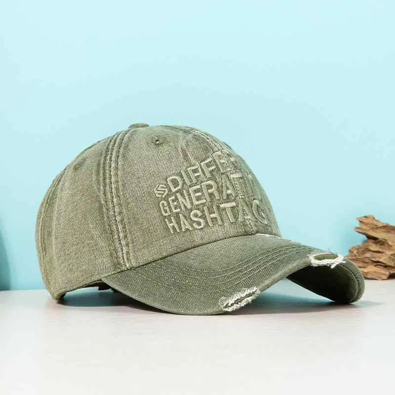 ベースボールキャップ 男女兼用 ユニセックス アメカジ ストリート 英字刺繍 ウォッシュ加工 ダメージ加工 デニム コットン 小顔効果 UVカット 紫外線対策 速乾 通気性 日よけ ブラック ブルー ブラウン 春夏