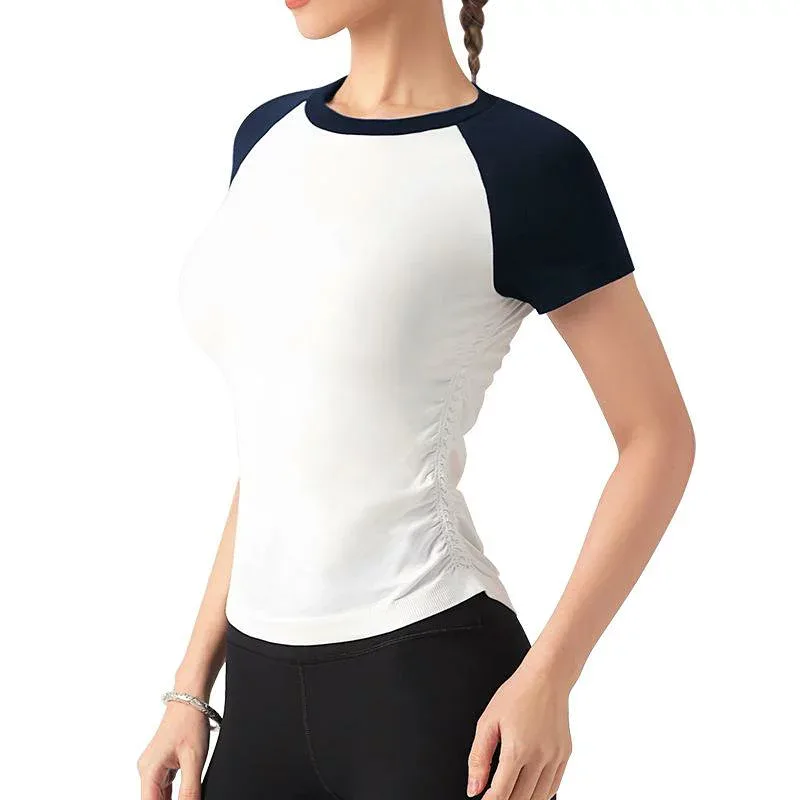 Tシャツ レディース プリーツ 半袖 切り替え スポーツ ランニング フィットネス ヨガ トレーニング 吸湿速乾 伸縮性 ストレッチ 薄手 タイト ブラック ブルー ピンク 春夏