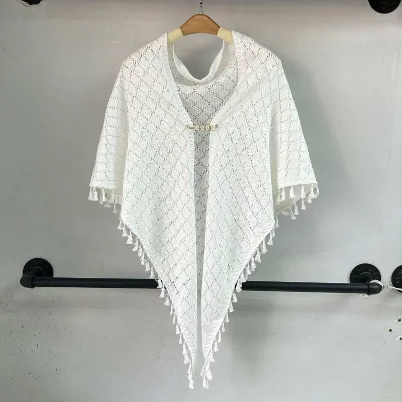 ショール レディース レトロ フリンジ アイボリー 三角 厚手 ロング チャイナドレス アウター 春夏 チェック 刺繍 装飾 エスニック シンプル おしゃれ 優雅