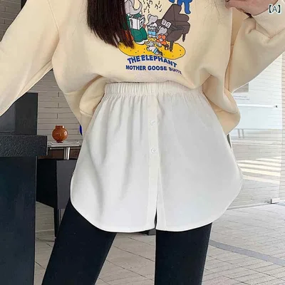 シャツ レディース 白 お尻隠し ロング丈 インナー トップス 秋冬 伸縮性 切り替え ボタン Aライン レイヤード 普段使い 無地 ヒップカバー チュニックスタイル