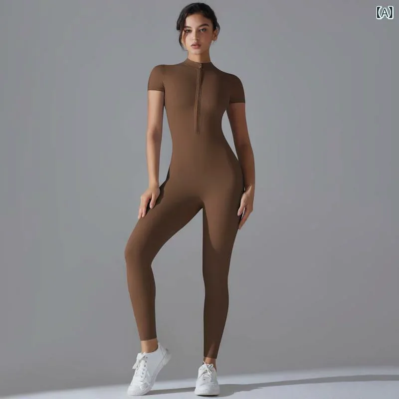 ヨガウェア レディース オールインワン Vネック ジッパー ノースリーブ ロングパンツ タイト フィットネス ダンス ランニング 吸湿速乾 ナイロン スパンデックス ストレート オールシーズン 黒 グレー ブルー