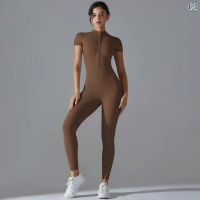 ヨガウェア レディース オールインワン Vネック ジッパー ノースリーブ ロングパンツ タイト フィットネス ダンス ランニング 吸湿速乾 ナイロン スパンデックス ストレート オールシーズン 黒 グレー ブルー