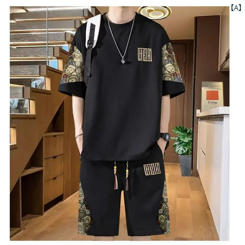セットアップ メンズ チャイニーズモダン 薄手 半袖Tシャツ ショートパンツ 上下セット ゆったり ポリエステル カジュアル スポーツウェア 部屋着 春夏 大きいサイズ ブラック アイボリー グリーン