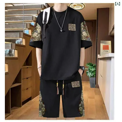 セットアップ メンズ チャイニーズモダン 薄手 半袖Tシャツ ショートパンツ 上下セット ゆったり ポリエステル カジュアル スポーツウェア 部屋着 春夏 大きいサイズ ブラック アイボリー グリーン