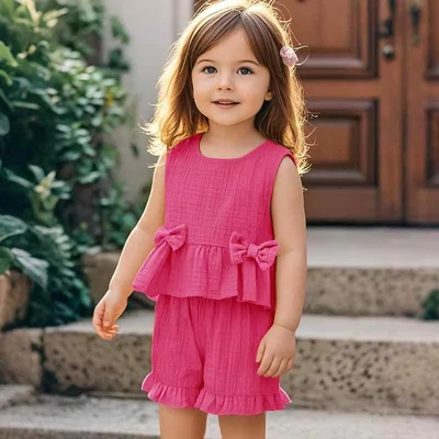 ベビー 女の子 ノースリーブ タンクトップ ショートパンツ 短パン セットアップ セット リボン かわいい 綿 コットン 快適 ソフト 薄手 夏 サマー