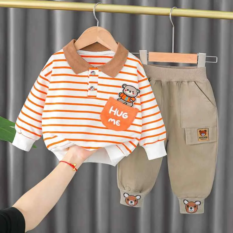 子供服 ベビー キッズ 男の子 韓国 カジュアル おしゃれ ツーピース パンツセット プルオーバー 長袖 長ズボン 綿素材 ストライプ柄 秋物 上下セット