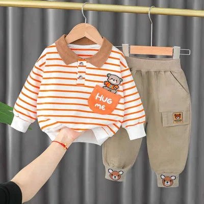 子供服 ベビー キッズ 男の子 韓国 カジュアル おしゃれ ツーピース パンツセット プルオーバー 長袖 長ズボン 綿素材 ストライプ柄 秋物 上下セット