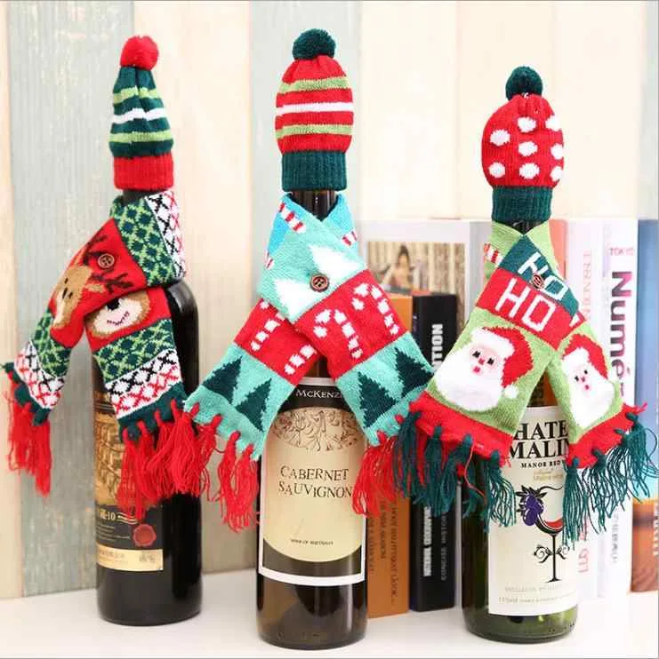 ボトルカバー クリスマス ニットマフラー 帽子セット ワイン シャンパン ビール瓶用 デコレーション 飾り付け ホームパーティー 食卓飾り おしゃれ かわいい 冬