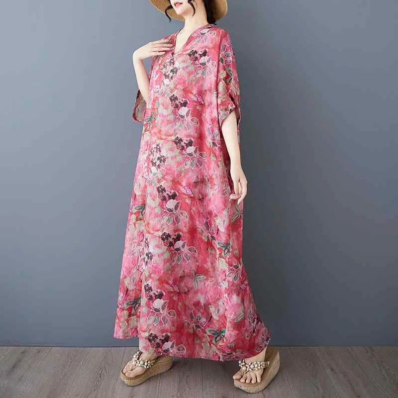 ワンピース レディース ロング Aライン Vネック 半袖 フラワープリント 綿麻 素材 ゆったり ルーズフィット 体型カバー 夏 カジュアル レトロ ピンク系 ボヘミアン スタイル