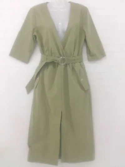 ◇ ◎ ZARA ザラ カシュクール ウエストゴム 七分袖 ロング ワンピース オリーブ グリーン系 レディース E 【中古】
