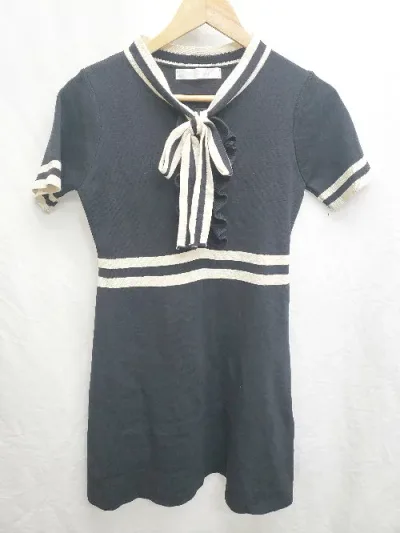 ◇ ManonMimie 半袖 ミニ ニット ワンピース サイズF ブラック アイボリー系 レディース P 【中古】