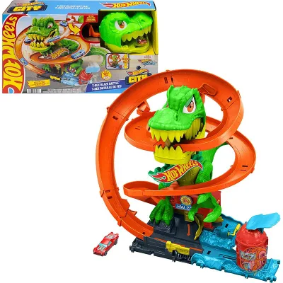 【クーポン配信中】ホットウィール Hot Wheels トイカー トラックセット シティ T-Rex ティラノサウルス ブレイズバトルプレイセット 1:64スケール ダイキャストビークル 高さ18インチ 45cm レース 回転する恐竜の目 おもちゃ