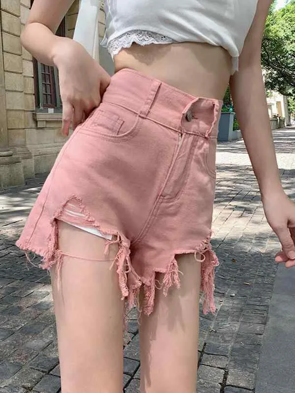 ショートパンツ レディース 夏 デニム 高腰 Aライン 破れ 毛羽立ち ピンク マイクロストレッチ 薄手 直筒 かわいい 韓国風 甘め カジュアル 普段使い スリム 軽量 伸縮性 再生繊維
