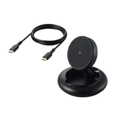 【送料無料】ELECOM W-MA08BK マグネットQi2規格対応ワイヤレス充電器/ 15W/ Type-C入力/ 折りたたみスタンド/ ブラック【在庫目安:お取り寄せ】