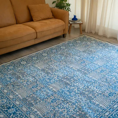 【本場イラン産】ル・ファルシー(綿カーペット) 200×250cm ヘシティ柄 ブルー色(送料無料 おしゃれ 絨毯 ペルシャ絨毯風 ラグ 洗える ホットカーペット対応 両面 3畳 3帖 リバーシブル)