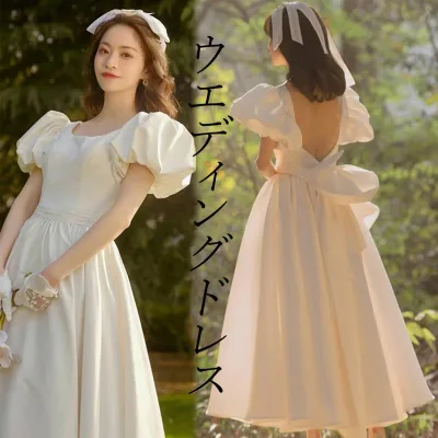二次会ドレス 半袖ミニドレス ウェディングドレス 花嫁ドレス パフスリーブ スレンダーライン フレアワンピース ロングドレス 海外挙式 プリンセスドレス ブライダル エレガント