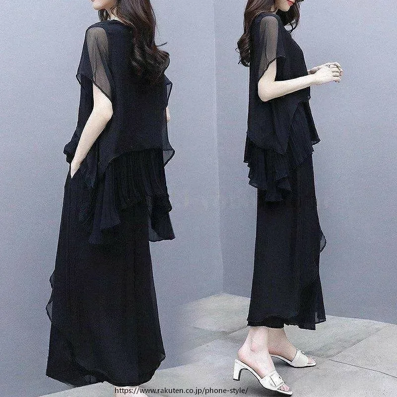 くすみカラー パンツドレス 結婚式 シフォン レディース セットアップ ガウチョパンツ パンツスーツ 2点セット ブラウス ワイドパンツ オフィス 通勤 ゆったり 着痩せ 夏 エレガント 上品 体型カバー お出かけ