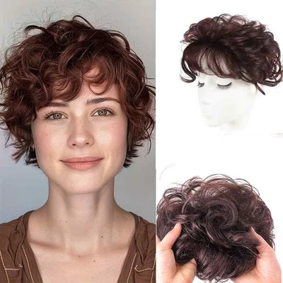 ウィッグ レディース 白髪隠し 部分ウィッグ 自然 前髪カール ボリュームアップ つむじヘアピース 目立たない 簡単装着 耐熱ファイバー ブラック ダークブラウン