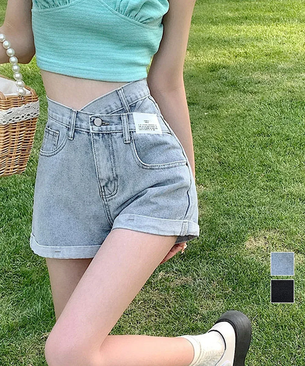 デニム ショートパンツ レディース 美脚 短パン ロールアップ ホットパンツ Aライン ハイウエスト カジュアル ジーンズ ショートジーンズ アシンメトリー デニム S〜XLサイズ